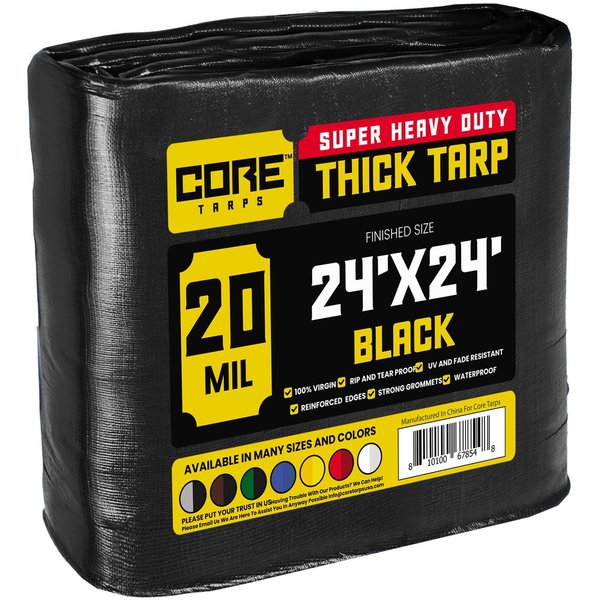 Core Tarps 24 ft x 24 ft Heavy Duty 20 Mil Tarp, Black, Polyethylene CT-706-24x24